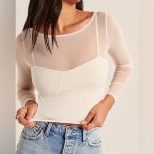 Abercrombie & Fitch Sheer Mesh Cream Off-White Long Sleeve Top